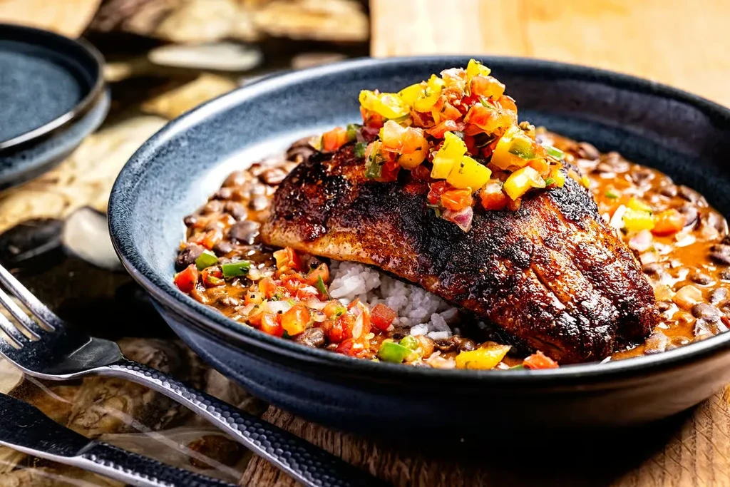 Pan-seared fish, rice, black beans, and colorful salsa in a dark bowl.