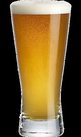 Conical glass of effervescent golden beer with white foam, black background.