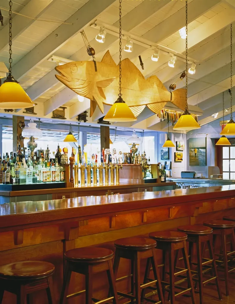 Rustic bar interior: wooden counter, beer taps, suspended fish sculpture.