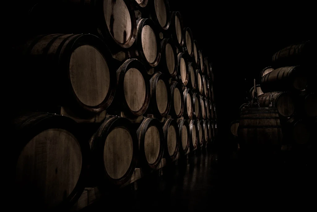 A dark cellar filled with stacked wooden barrels for aging spirits.
