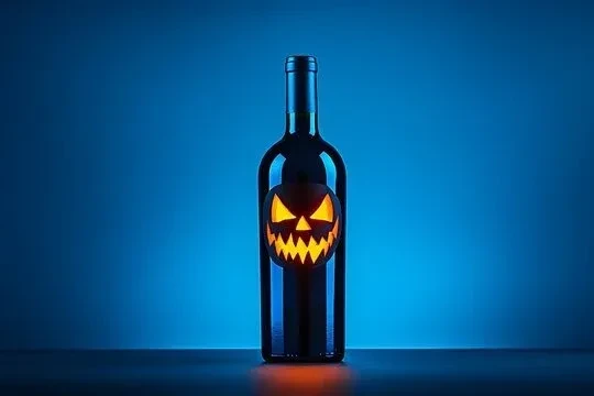 Dark glass bottle with glowing jack-o'-lantern face, blue background.