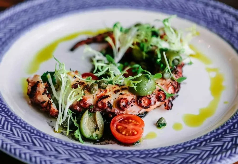 Plated grilled octopus or calamari garnished with tomato, capers, and greens.