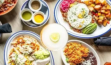 Overhead view: eggs, tacos, rice, beans, sauces, and a cocktail.