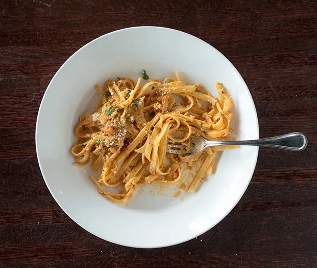 Top-down: Tagliatelle pasta with creamy tomato sauce, cheese, and fork.