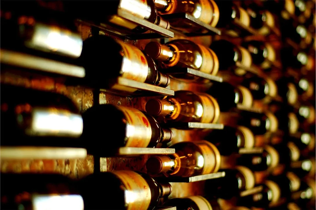 Warmly lit rows of dark wine bottles on wooden cellar shelves.