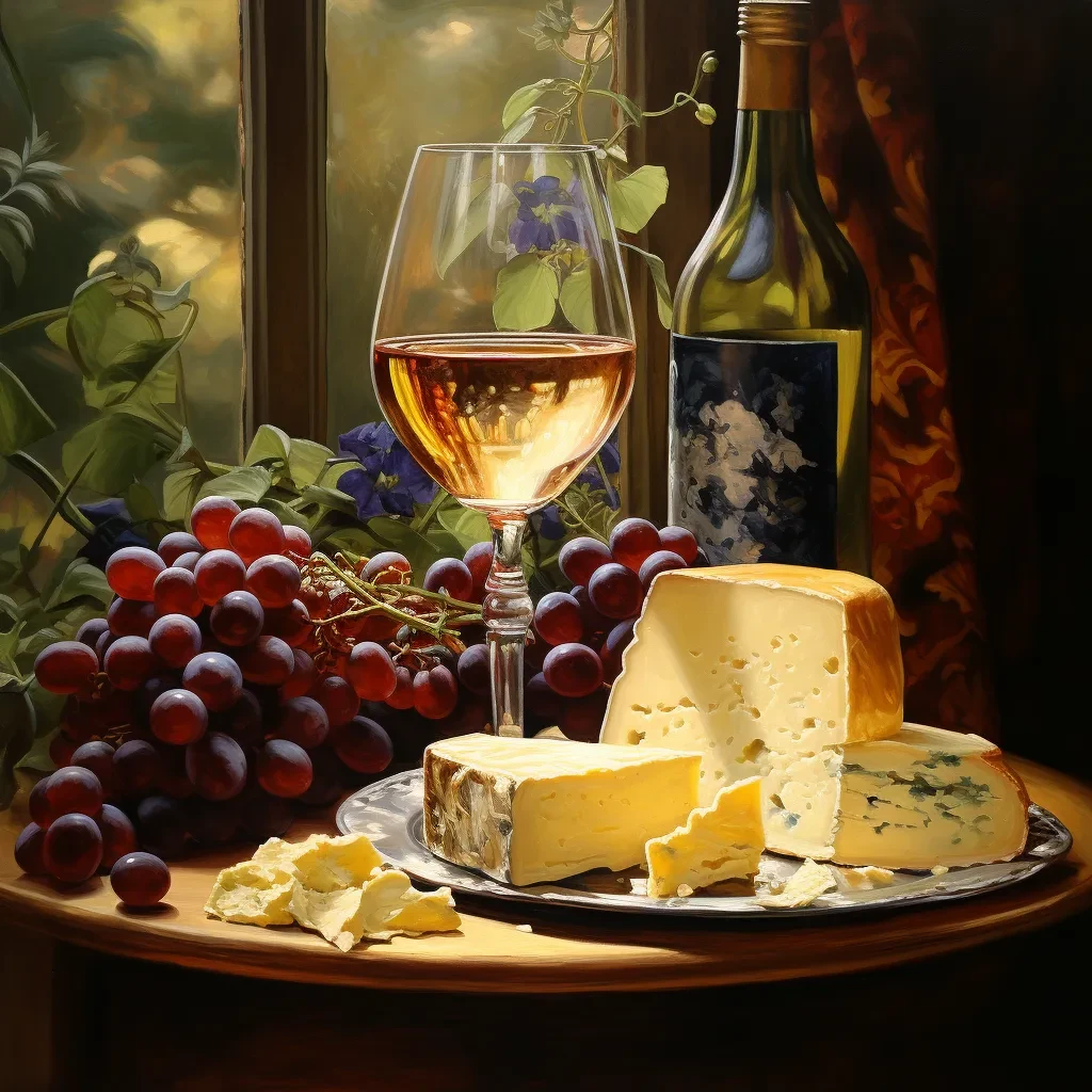 Oil painting still life of wine, grapes, and cheeses on a wooden table.