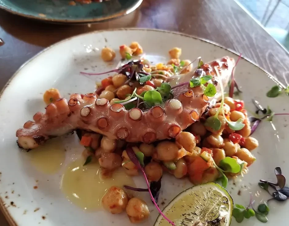 Grilled octopus tentacle on chickpeas, microgreens, and charred lime.