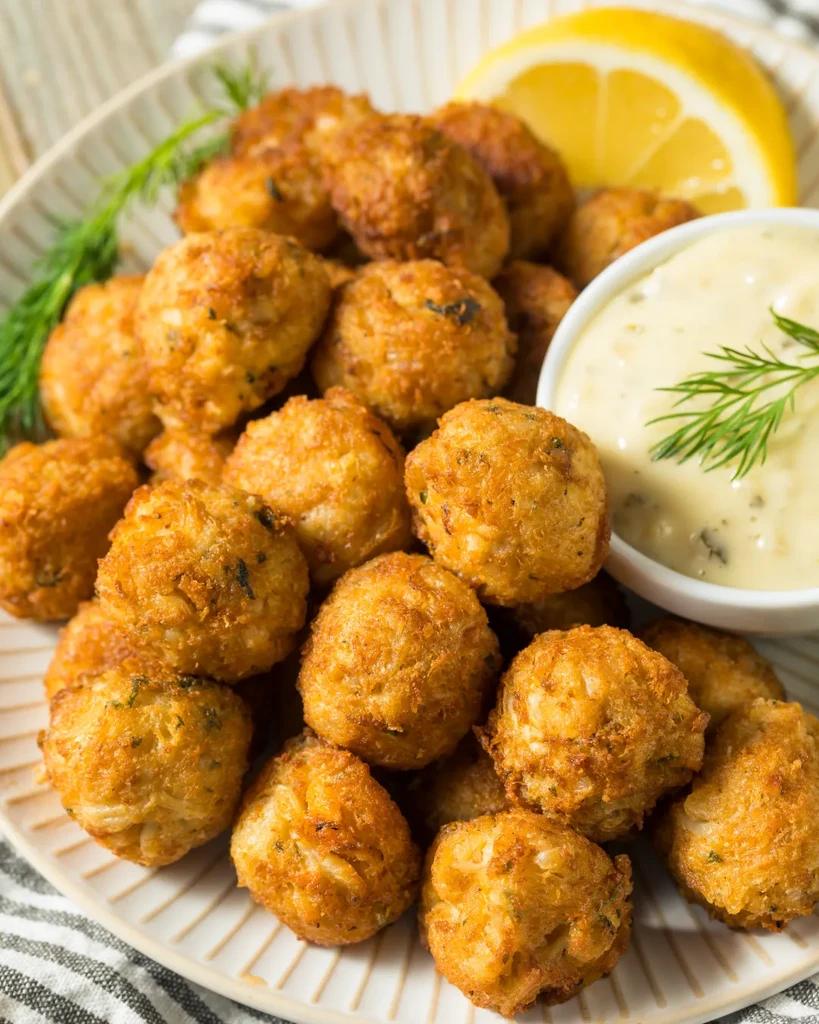 Plate of golden-brown fritters with creamy dip and a lemon wedge.