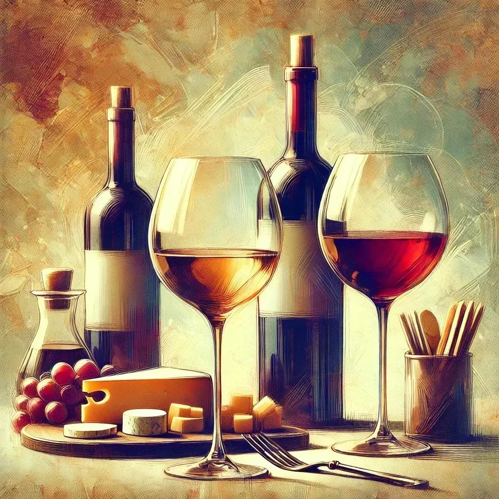 Painterly still life of wine, cheese, grapes, and crackers.