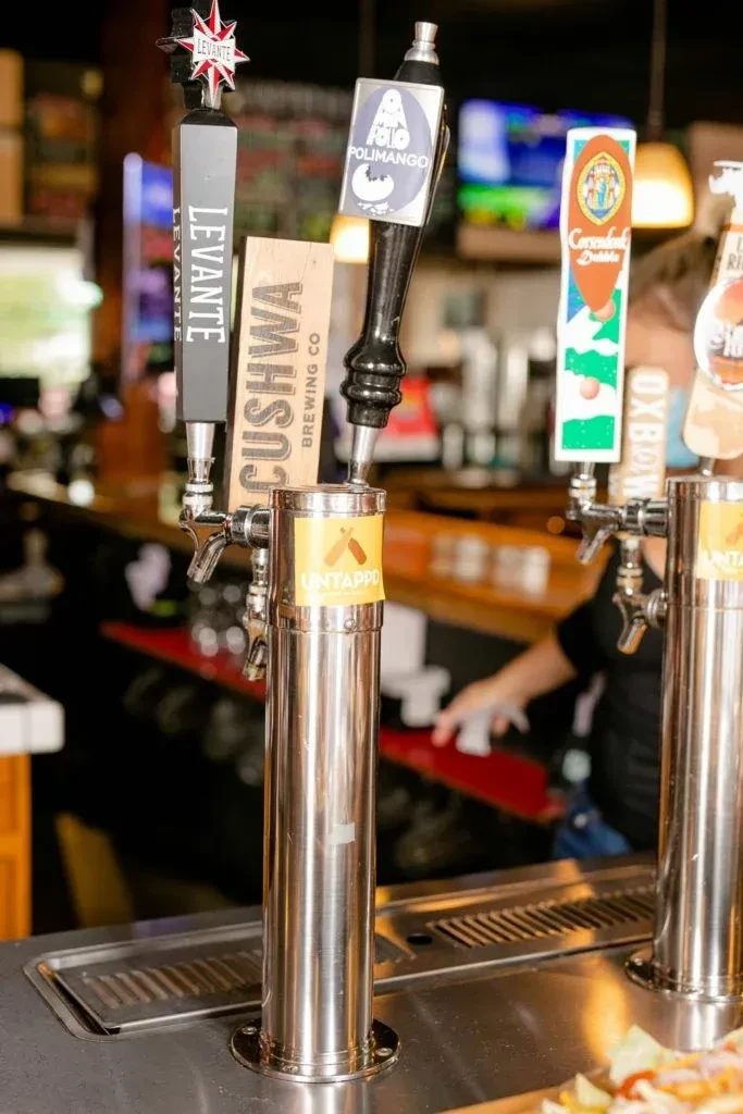 Multiple distinct branded beer taps on a shiny metallic draft system.