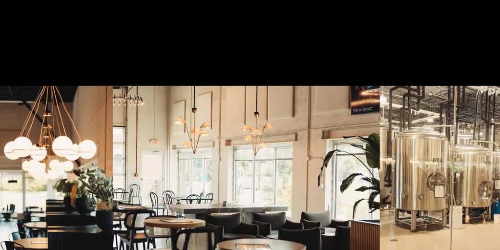 Collage of modern brewery/restaurant sections: elegant lounge, dining, industrial brewing.
