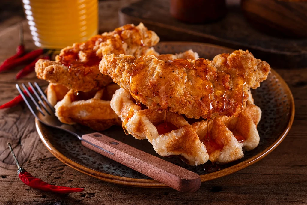 Golden fried chicken and waffles with syrup, chili peppers on rustic wood.
