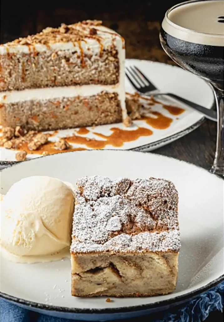 Carrot cake, bread pudding, and a drink on plates.