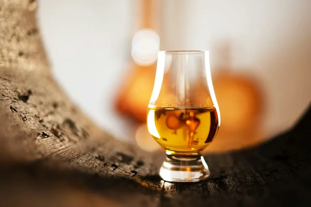 Tulip glass of amber spirit on a dark wooden surface.