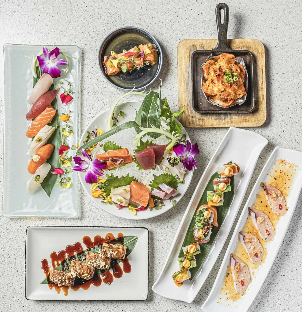 Flat lay of various artfully arranged Japanese sushi and sashimi dishes.