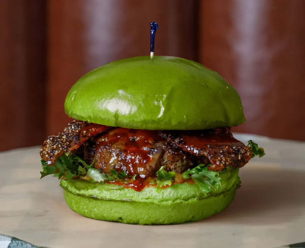 Close-up of a vibrant green burger with a thick patty and bacon.