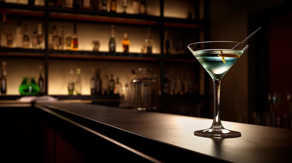 Light blue martini with a lemon twist on a dark bar.