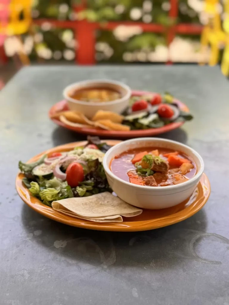 Two plates with bowls of stew, salad, and flatbread.