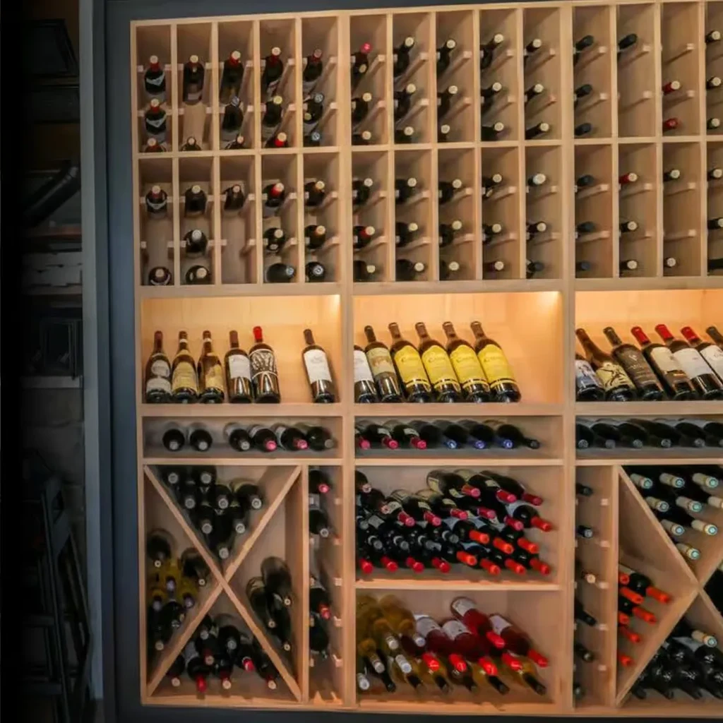 Large wooden wine rack holding hundreds of diverse wine bottles.