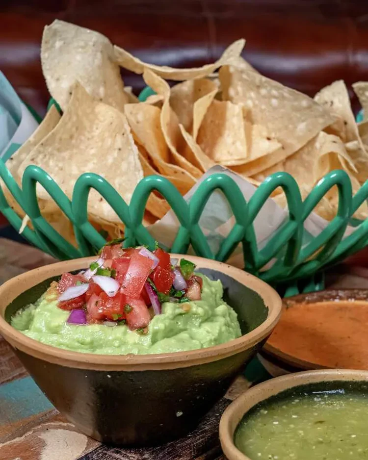 Mexican appetizers: guacamole, pico de gallo, salsas, and tortilla chips.