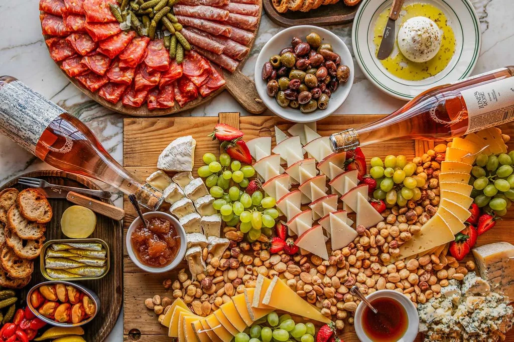 Overhead view of an elaborate charcuterie, cheese board, and two rosé bottles.