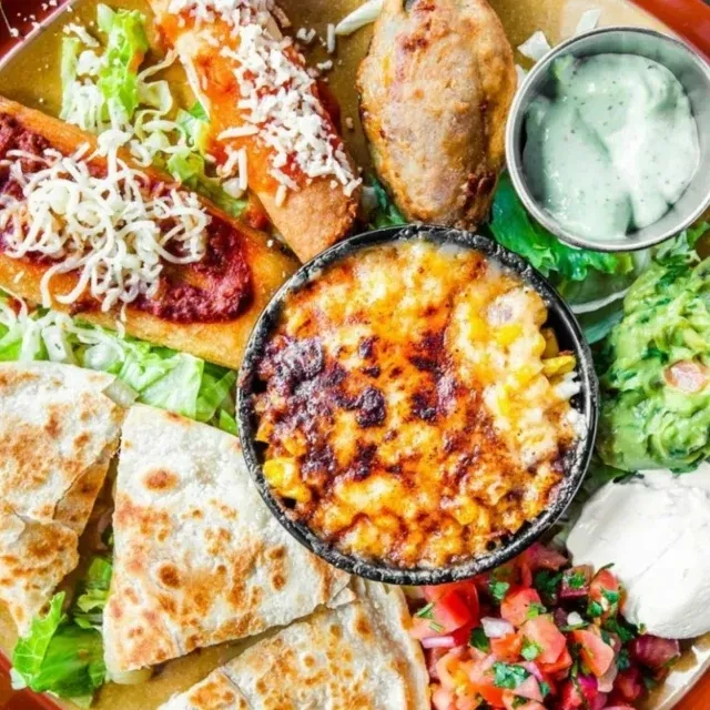 Overhead view of a platter filled with various Mexican-inspired dishes.
