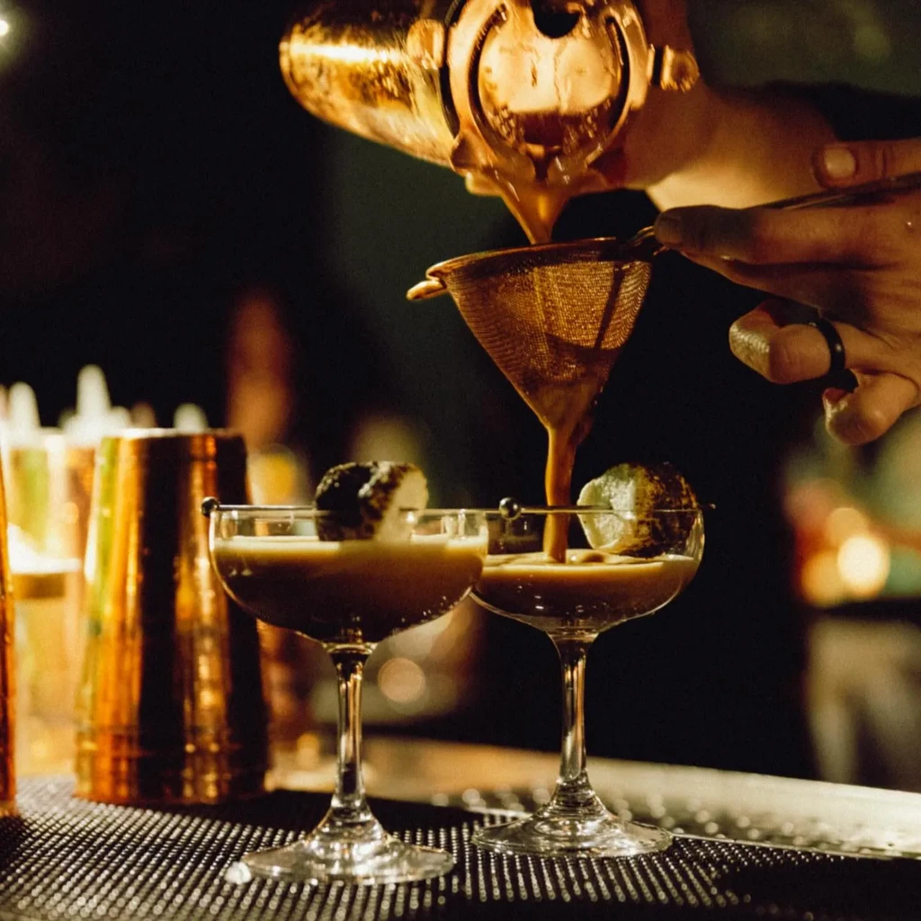 Bartender pours creamy brown cocktail into coupe glass through a strainer.