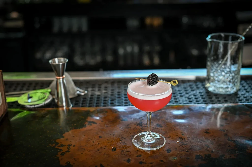 Red cocktail with a pink top, blackberry garnish, and bar tools.