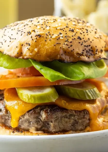 Close-up of a cheeseburger with melted cheese, pickles, tomato, and lettuce.