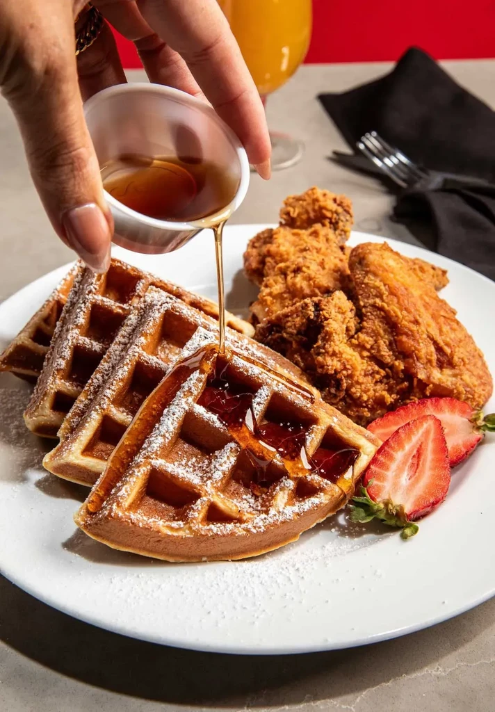 A close-up of chicken and waffles with syrup and a strawberry.