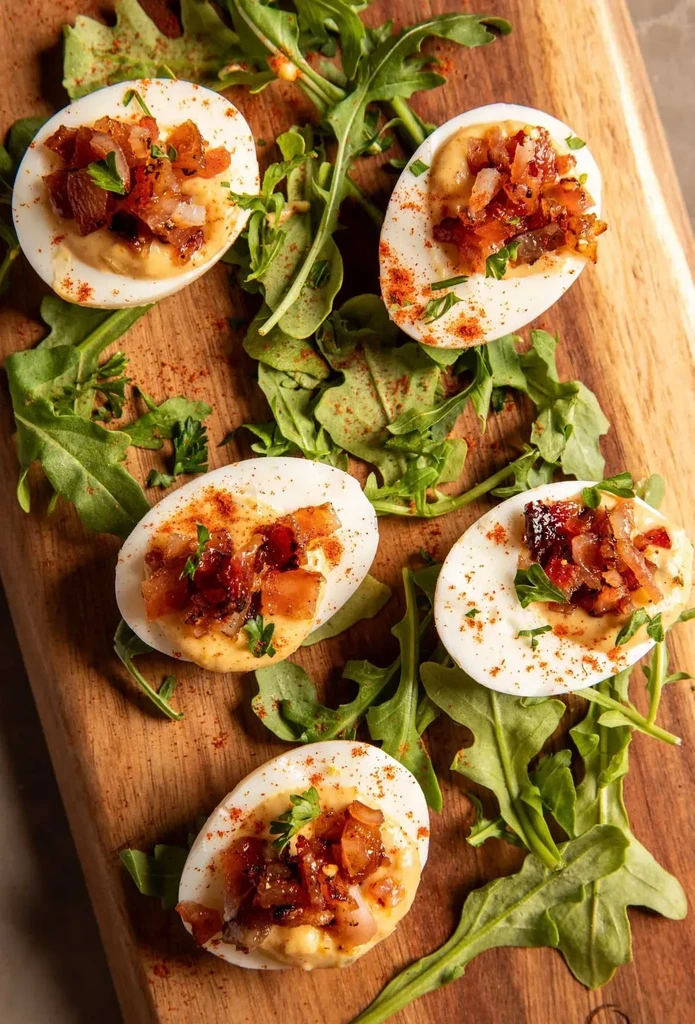 Five deviled eggs with toppings and herbs on a wooden board.