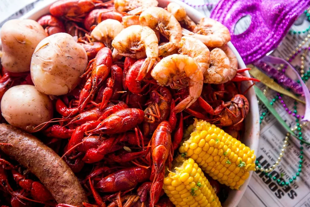 Close-up of a seafood boil with crawfish, shrimp, corn, and potatoes.