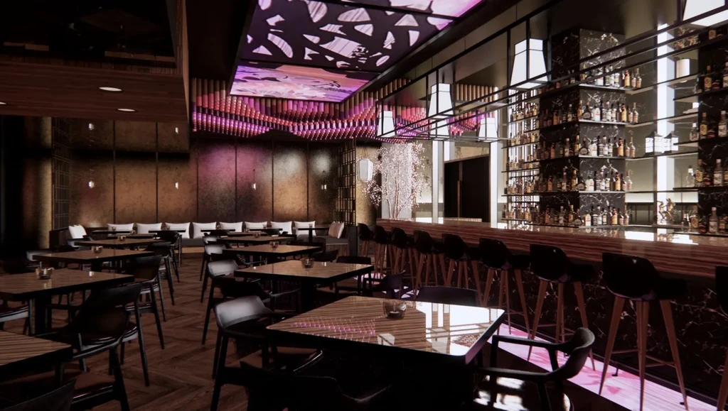 Interior of an empty, upscale restaurant with bar, tables, and unique lighting.
