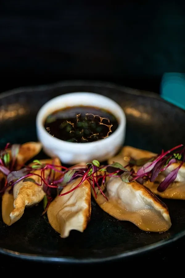 Pan-fried dumplings with microgreens and dipping sauce on a dark plate.