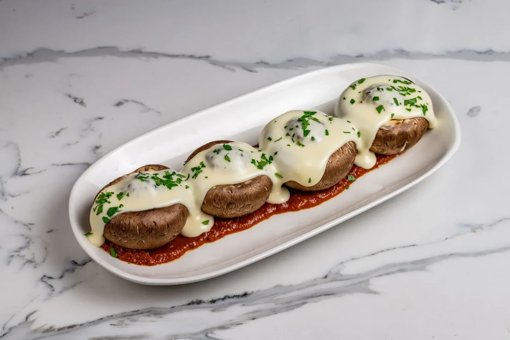 Four mushrooms topped with creamy sauce, herbs, and red sauce.