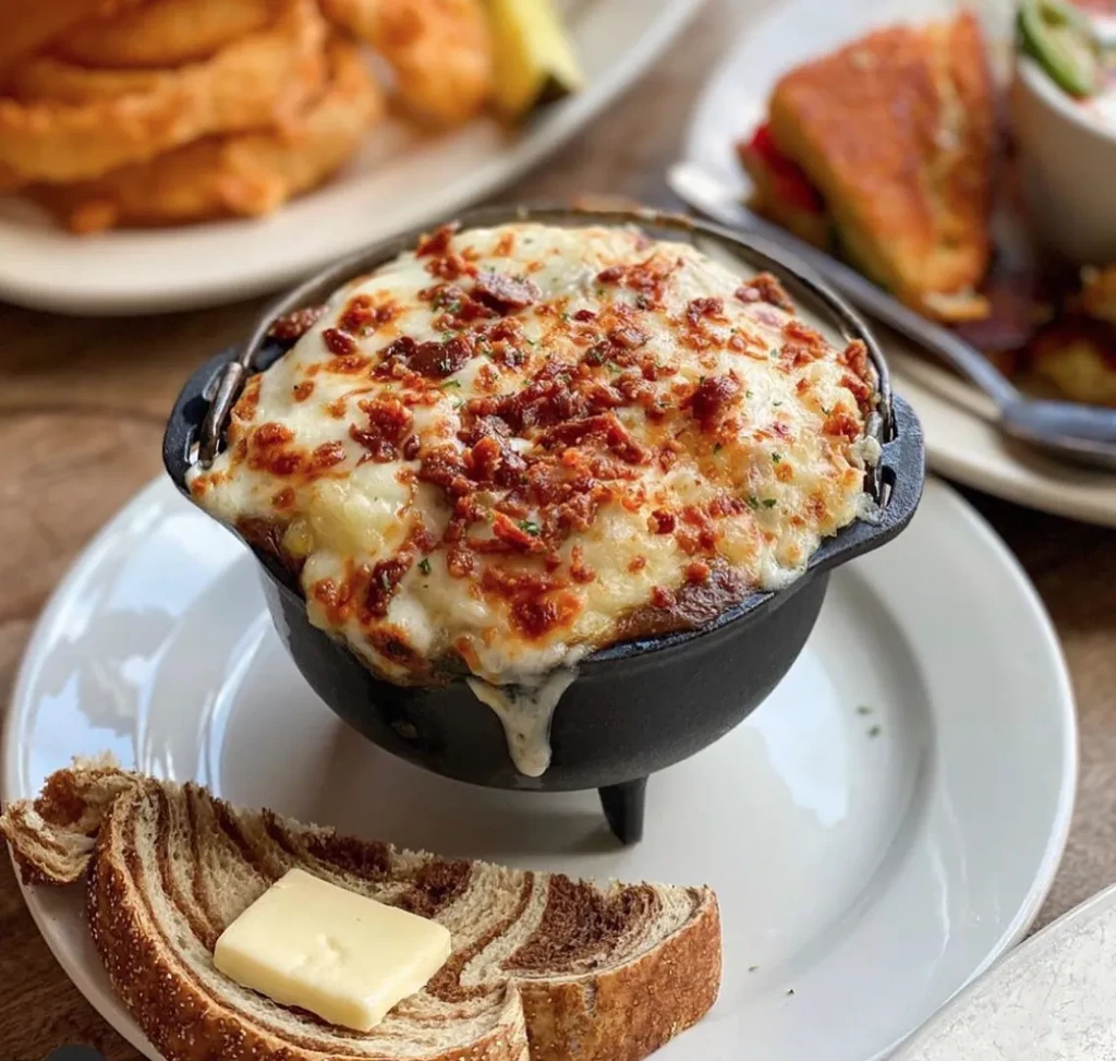 Cast iron pot of baked cheesy dip, bacon, and rye bread.