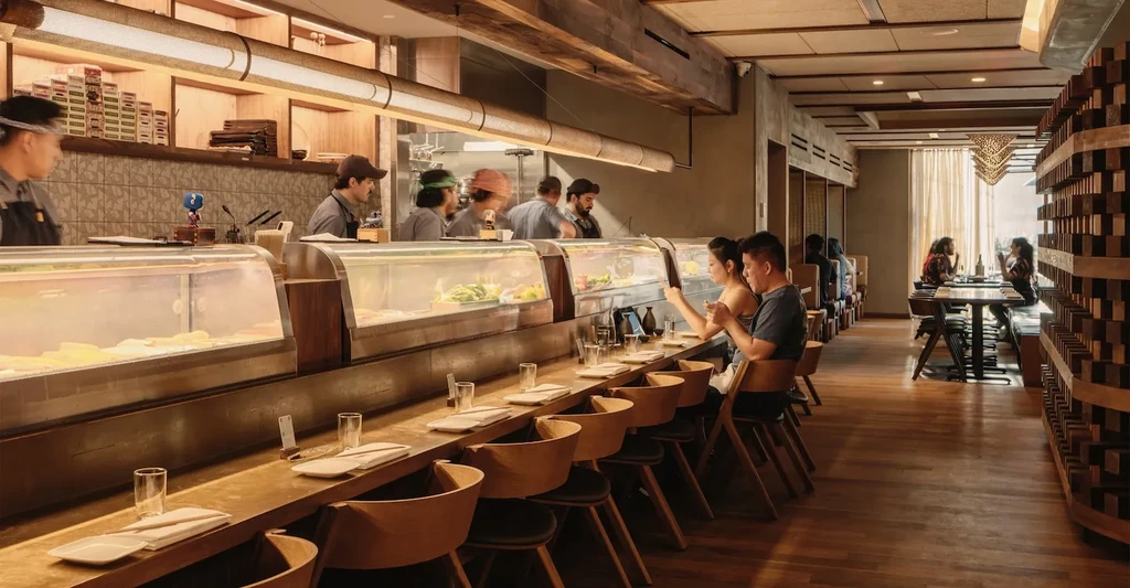 Interior of a contemporary sushi restaurant with a long wooden bar.