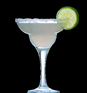 Margarita cocktail in a salted glass, garnished with a lime slice.