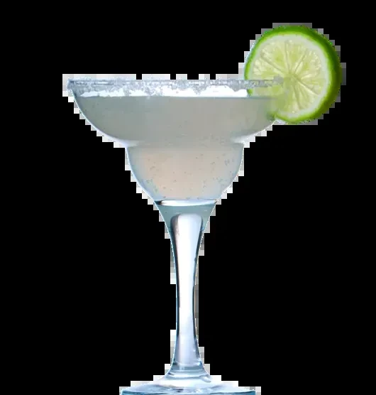Margarita glass with pale drink, salted rim, and lime.