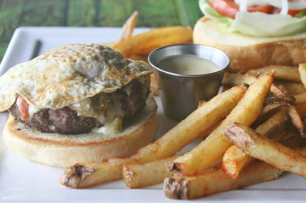 Burger with a fried egg, fries, and sauce on a white plate.