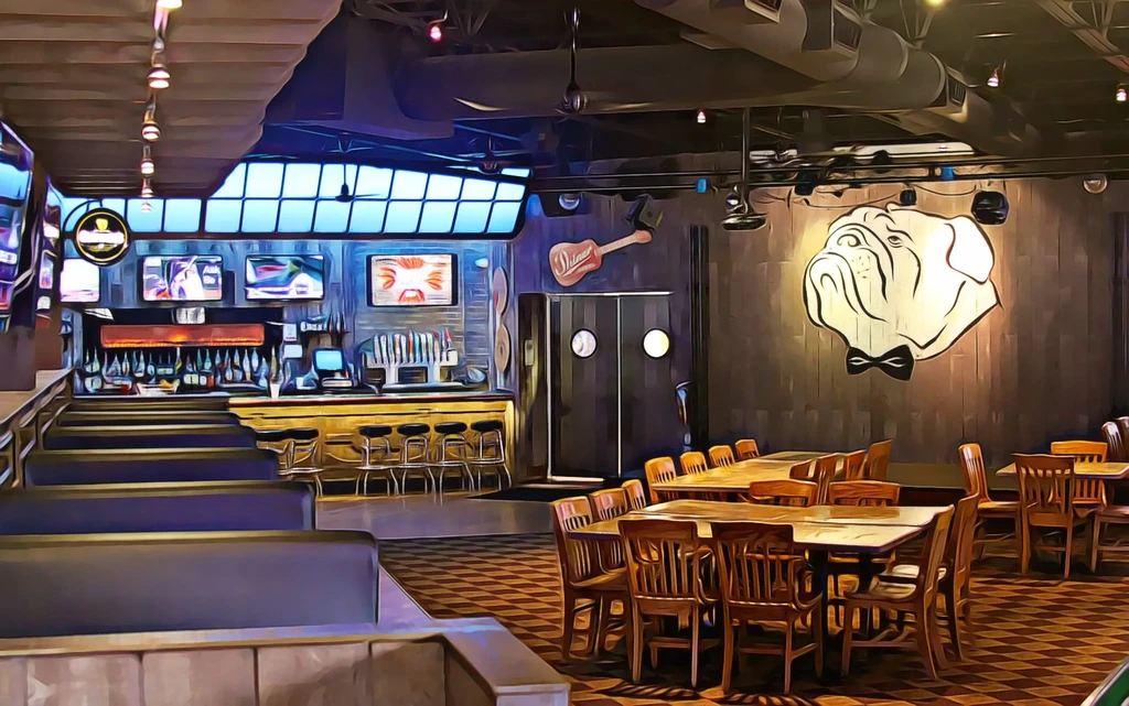 Artistic rendering of a dim lit bar and restaurant interior.
