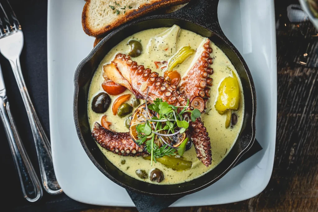 Grilled octopus in a skillet with sauce, vegetables, and bread.