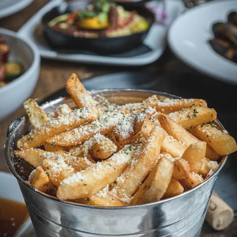 Metal bucket of fries with cheese and herbs.