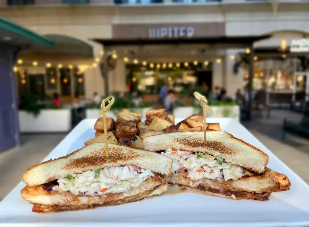 Fried chicken sandwich with coleslaw and fries on a white plate.