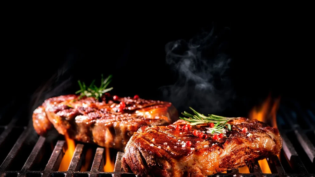 Two rosemary-garnished steaks grill on a grate over flames.