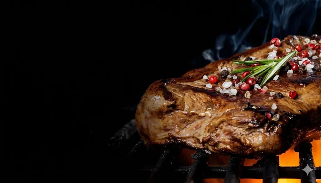 Grilled steak garnished with salt, peppercorns, and rosemary over flames.