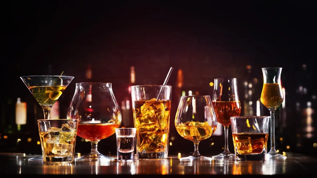 Nine alcoholic beverages in various glasses on a reflective bar counter.