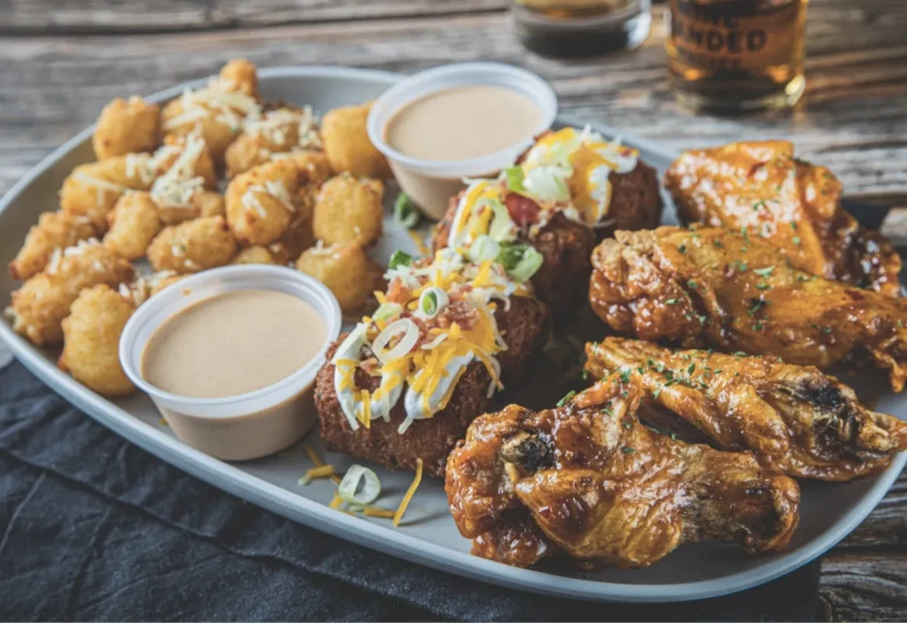 Appetizer platter: cheesy tots, loaded skins, glazed chicken wings, sauces.