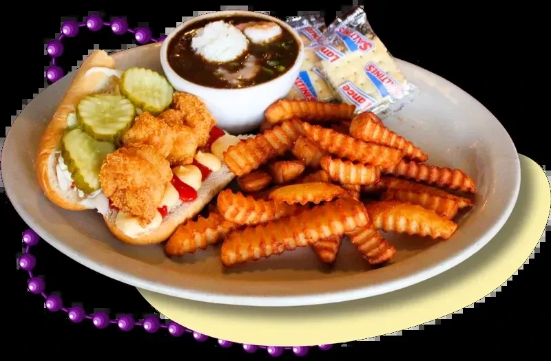 Shrimp po'boy, fries, gumbo, and crackers with Mardi Gras beads.
