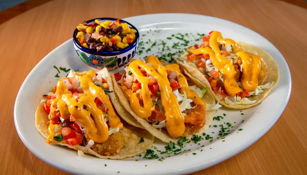 Three vibrant tacos with breaded filling, salsa, and corn and bean side.